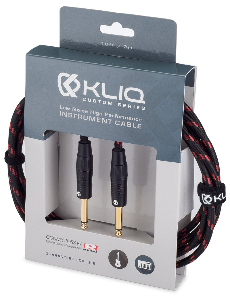 [AUSTRALIA] - KLIQ Guitar Instrument Cable, 10 Ft - Custom Series with Premium Rean-Neutrik 1/4" Straight Gold Plugs, Black/Red Tweed 10 Ft, Straight to Same 