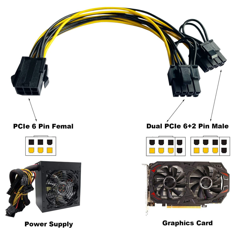 Amangny PCI-E 6 Pin Female to Dual 8(6+2) Pin Male PCIe Adapter Power Cable PCI Express Y - Splitter 12.5 Inches (6 Pack) 6 Pack