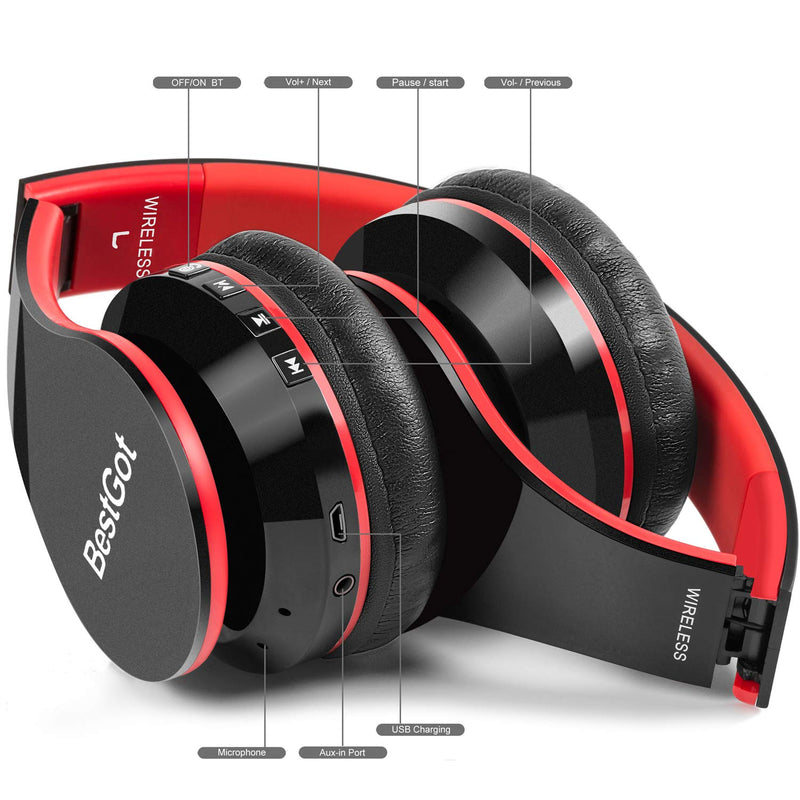 Bluetooth Kids Headphones Bluetooth BestGot BT6002 Wireless Headphones for Kids Children Adults for School Foldable Headset for 18 Hours for PC/Phone/Tablets/TV (Black/Red) Black/Red