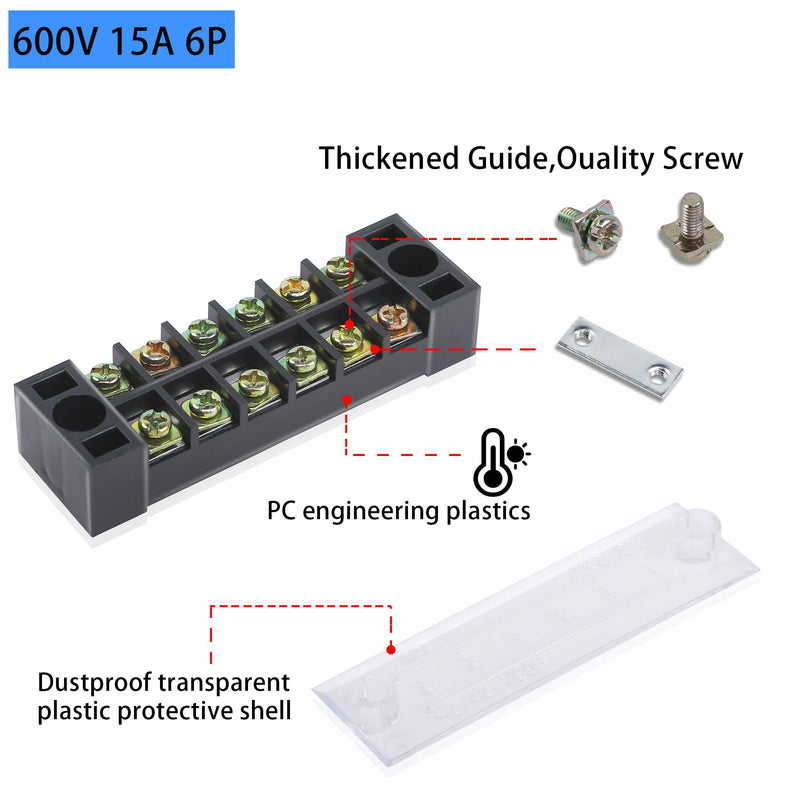 PNGKNYOCN 6 Positions Dual Rows 600V 15A Barrier Screw Terminal Strip Block with Cover TB-1506（6-Pack ）