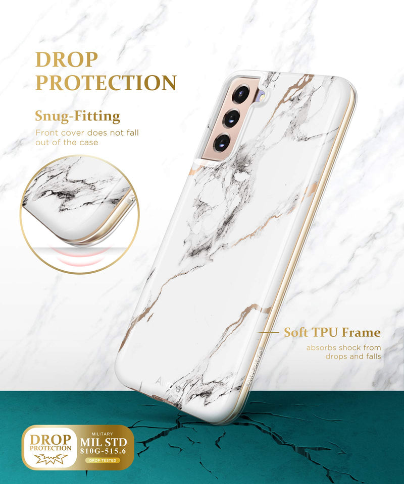 GVIEWIN Compatible with Samsung Galaxy S21 Plus Case 5G 6.7 Inch, Marble Shockproof Bumper Hard Back Dual-Layer Protective Cover Without Built-in Screen Protector (White/Gold) White/Gold