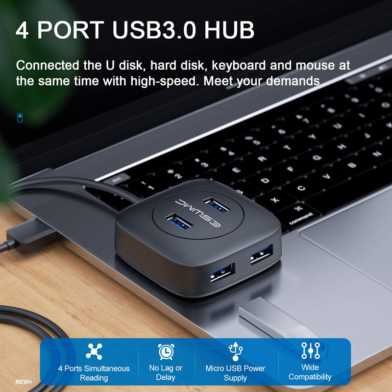 Eswmc 4-Port USB 3.0 Hub Long Cable, USB Hub with 4 ft Extended Cable with Power Supply Port[Charging Not Supported] for MacBook, Mac Mini, iMac, Surface Pro, XPS, PC, Flash Drive, Mobile HDD