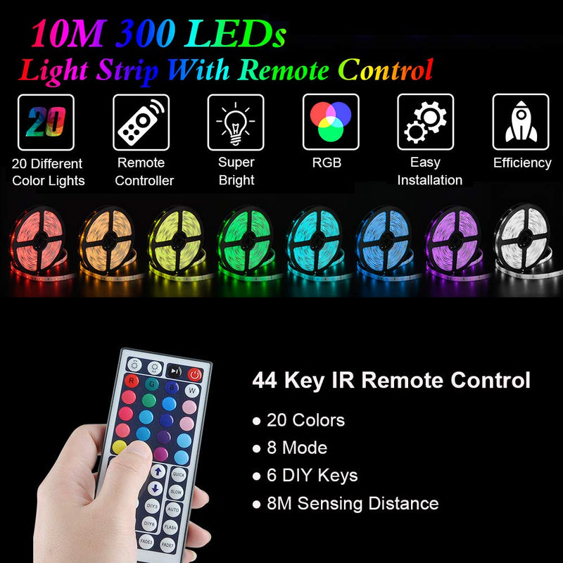 [AUSTRALIA] - LED Strip Lights, Attuosun 32.8feet/10M Waterproof IP65 RGB Light Strips, SMD5050 300Leds Color Changing Flexible Rope Lights Kit with 44 Keys IR Remote Controller and 12V Power Supply for Home, Party 