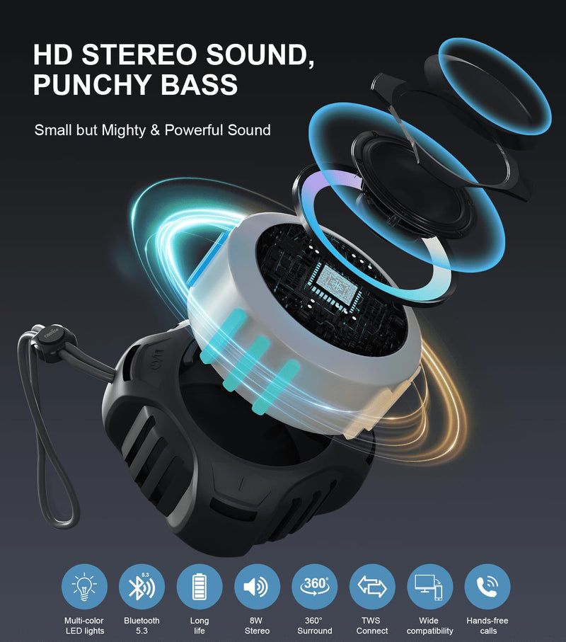 Waterproof Bluetooth Speaker IPX7, Shower Speaker with Multi-Color Light,Floating, Loud HD Stereo Sound, Robust Bass, Wireless Speaker with 24H Playtime for Beach Pool Biking Trip, Gifts for Men,Women Midnight Black