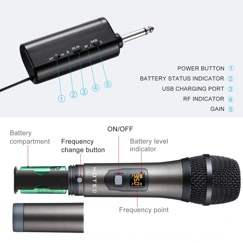 [AUSTRALIA] - Hotec UHF Wireless Dynamic Handheld Microphone with Rechargeable 1/4” Output Mini Portable Receiver for Live Performance Over PA, Mixer, Speaker (H-U06C) 