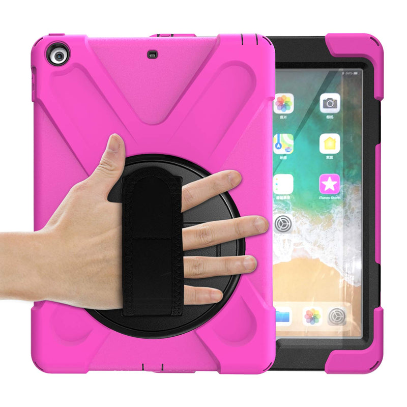 KIQ iPad 9.7 5th 6th Gen Case, Heavy Duty, Shockproof, Stand, Handstrap, Carrying Strap, Screen Protector Cover for Apple iPad 5th 2017, 6th 2018 Generation (Shield Hot Pink) Shield Pink