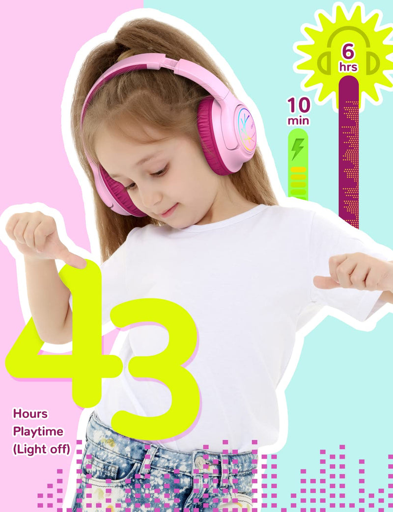 iClever Kids Bluetooth Headphones with LED Lights, BTH18 Safe Volume 74/85/94dBA, 43H Playtime, Stereo Sound, USB-C, AUX Cable, Bluetooth5.3 Over Ear Kids Headphones Wireless for Tablet/Travel, Pink