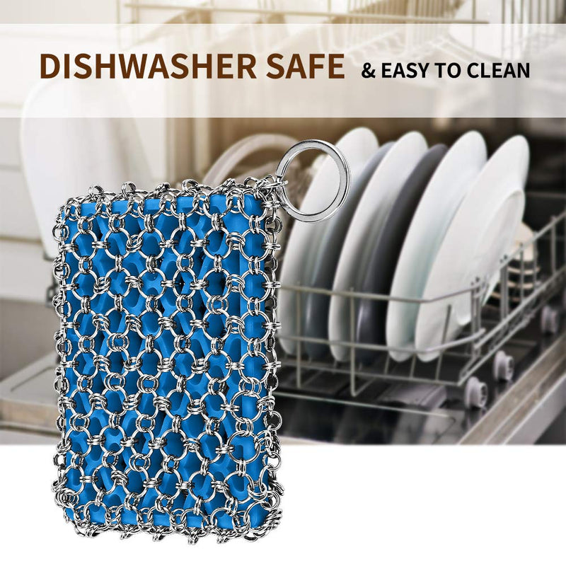 Cast Iron Chainmail Scrubber,Upgraded Iron Skillet Cleaner with Scouring Cloth,316 Stainless Steel Chain Scrub Metal Scraper Clean Care Accessories for Castiron Pan Griddle Frying Pan Wok (Blue) Blue