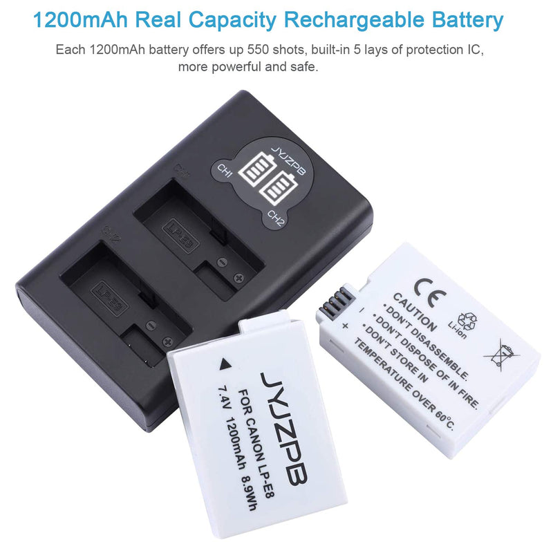 JYJZPB 2-Pack LP-E8 Battery and Dual Charger for Canon EOS Rebel T2i T3i T4i T5i EOS 600D, 550D, 650D, 700D, Kiss X5, X4, Kiss X6, LC-E8E Digital SLR Cameras