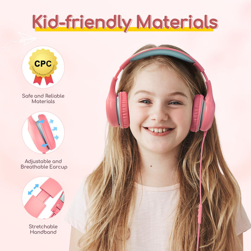 EarFun Kids Headphones Wired with Microphone, 85/94dB Volume Limit Headphones for Kids, Portable Wired Headphones with Shareport, Stereo Sound Foldable Headset for School/Tablet/iPad/Kindle Pink Pink Blue