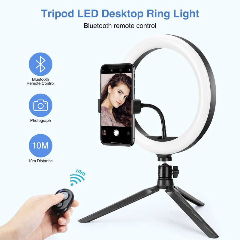 10" Selfie Ring Light with Tripod Stand & Cell Phone Holder, Dimmable Desktop LED Circle Light for Live Streaming/Makeup/YouTube, Video conferencing Compatible with iOS and Android Phones