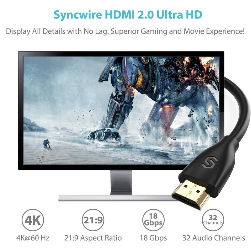 Syncwire HDMI Cable 6.5 ft HDMI 2.0 (4K@60 Hz) - [High Speed, Gold-Plated] HDMI to HDMI Cord, Supports 4K, UHD, FHD, 3D, Ethernet, Audio Return Channel for Fire TV/Apple TV/HDTV/Xbox/PS4/PS3 6.5ft
