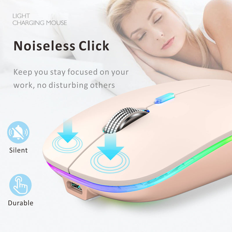 Uiosmuph LED Wireless Mouse, G12 Slim Rechargeable Wireless Silent Mouse, 2.4G Portable USB Optical Wireless Computer Mice with USB Receiver and Type C Adapter (Nude Pink) Nude Pink
