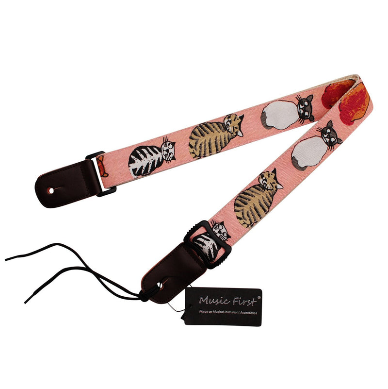 MUSIC FIRST Original Design"MISS CAT" Soft Cotton & Genuine Leather Ukulele Strap Ukulele Shoulder Strap