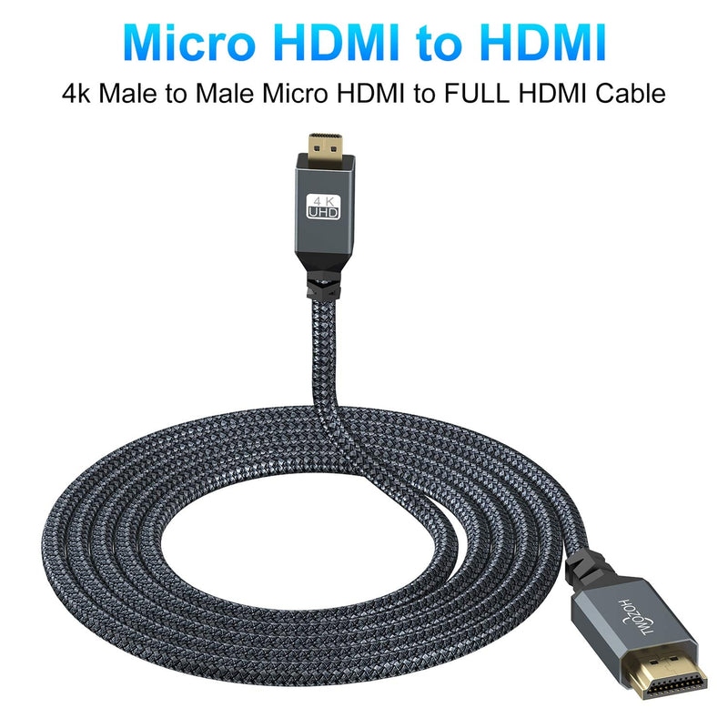 Twozoh 4K Micro HDMI to HDMI Cable 10FT, High-Speed HDMI to Micro HDMI 2.0 Braided Cord Support 3D 4K 60Hz 1080p for GoPro Hero 7, Sony 6300, Nikon B500, Yoga 3