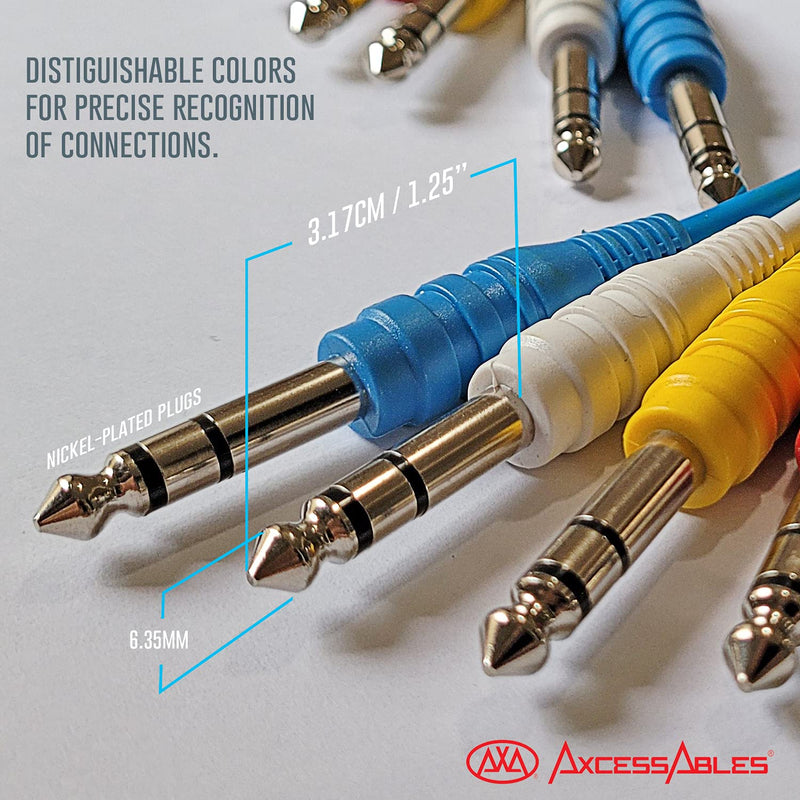 AxcessAbles 1/4 (6.35mm) TRS to 1/4 (6.35mm) TRS Multi-Color Balanced Stereo Patch Cables 6-Pack Outboard Gear & Patchbay Studio Cables External Effects Digital Analog Effects (1.5ft) 1/4 TRS to 1/4 TRS (1.5ft)