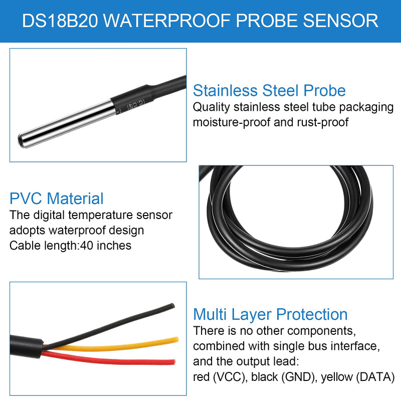 [AUSTRALIA] - 4 Sets DS18B20 Temperature Sensor Module Kit with 1 m/ 3.2 Ft Waterproof Digital Stainless Steel Probe -55 to +125 Degrees Celsius, Compatible with Raspberry Pi 