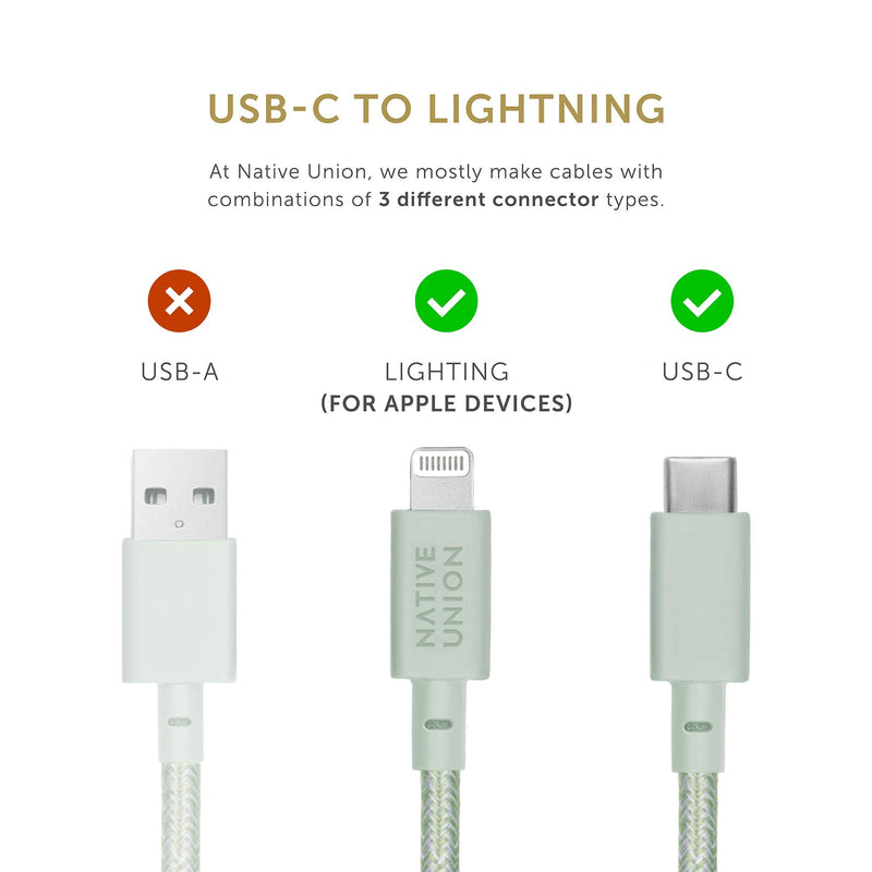 NATIVE UNION Belt Cable USB-C to Lightning - 4ft Ultra-Strong Reinforced Charging Cable with Leather Strap [MFi Certified] Compatible with iPhone/iPad (Sage) Sage