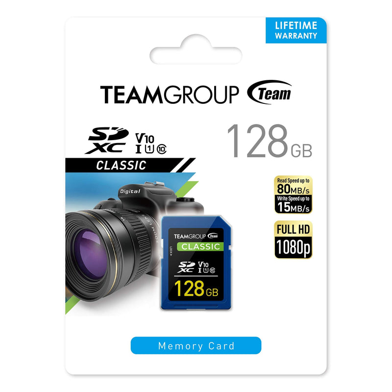 TEAMGROUP Classic 128GB UHS-I U1 V10 Read Speed up to 80MB/s SDXC Memory Card for Full-HD Video Recording & Photo Shooting TSDXC128GIV1001 CLASSIC U1 V10