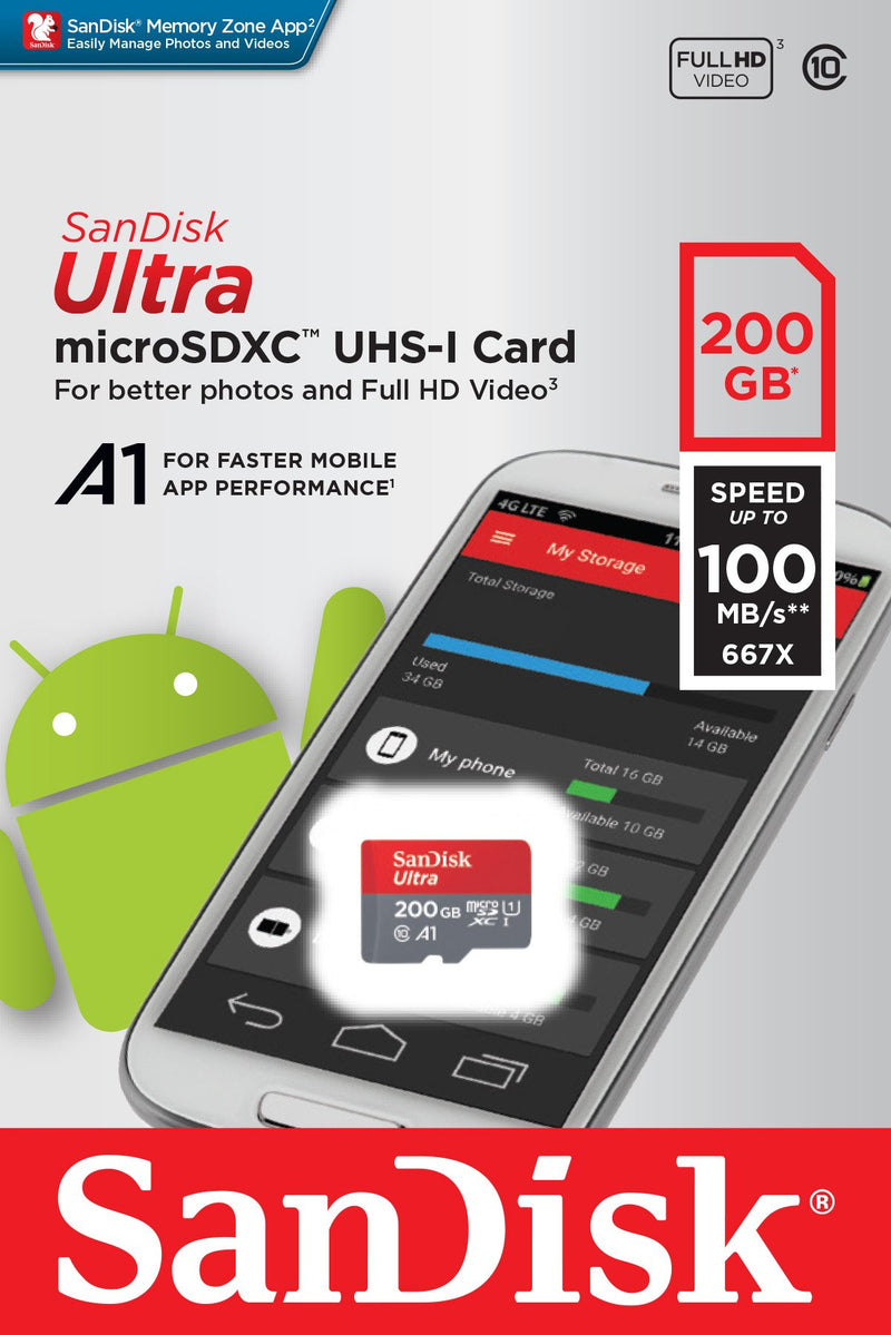 SanDisk 200GB Ultra microSDXC UHS-I Memory Card with Adapter - 100MB/s, C10, U1, Full HD, A1, Micro SD Card - SDSQUAR-200G-GN6MA