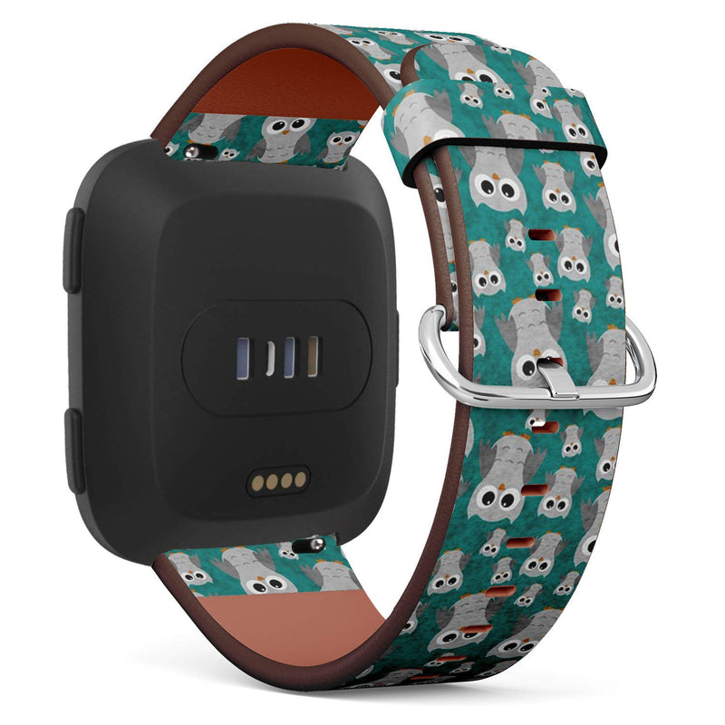 Compatible with Fitbit Versa, Versa 2, Versa Lite, Leather Replacement Bracelet Strap Wristband with Quick Release Pins // Gray Owls On Teal Textured