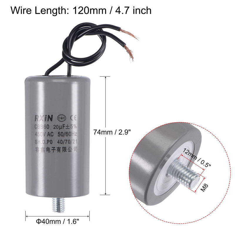 uxcell CBB60 Run Capacitor 20uF 450V AC 2 Wires 50/60Hz Cylinder 74x40mm with M8 Fixing Stud for Air Compressor Water Pump Motor
