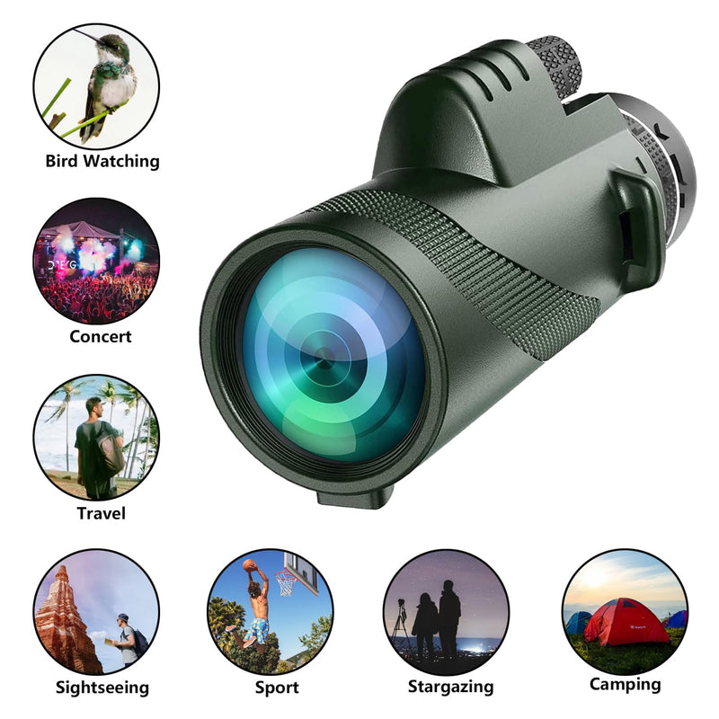 80x100 Monocular Telescope High Powered Monoculars for Adults Compact Monocular for Smartphone Adapter, Handheld Telescope with Tripod for Bird Watching Hunting Camping Travel Green-mm