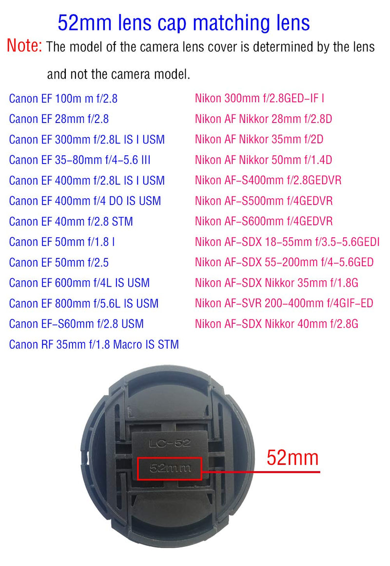 52mm Lens Cap Compatible for Canon EF 40mm f/2.8 STM RF 35mm f/1.8 Macro is STM EF-S 24mm f/2.8 STM Nikon AF Nikkor: 50mm f/1.8D AF-S DX Nikkor: 35mm f/1.8G AF Nikkor: 50mm f/1.4D[2 Pack]