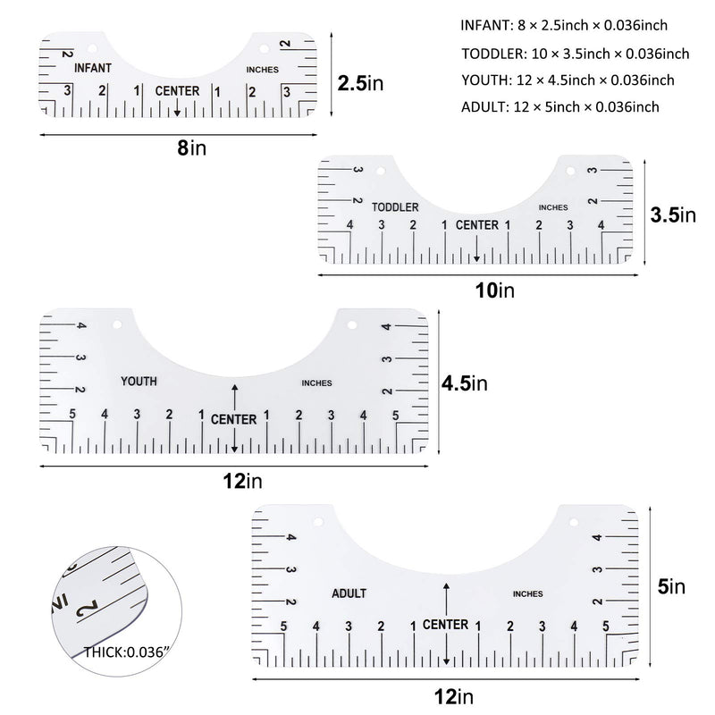 Juome 4 Pcs T Shirt rulers to Center Designs, Tshirt Ruler Guide for Vinyl Placement, Transparent PVC Tshirt Alignment Tool Guide Ruler Set for Adult Youth Toddler Infant