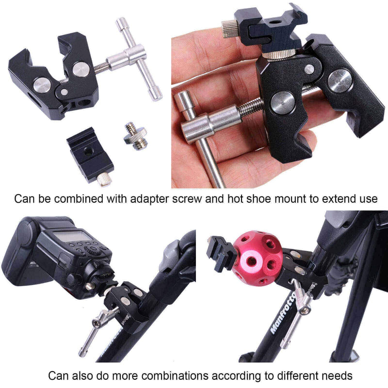 iShoot Improved Versatile All-Metal Crab Clamp Magic Hand Pliers with 1/4" & 3/8" Screw Hole, Used for Photography Camera Tripod Studio Flash Light Stand Boom Round Tube Circular Pipe of DIA-10-40mm IS-XQJ II for Square & Round Tube