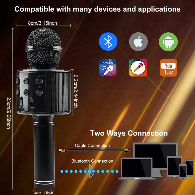 Wireless Bluetooth Karaoke Microphone, 3 in 1 Portable Microphone, Bluetooth Microphone and Speaker, Car Karaoke Microphone, Wireless Karaoke Microphone for Kids Adults, Party, Home KTV YouTube-Black Black