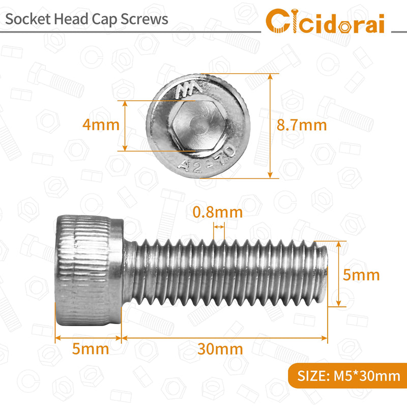 Cicidorai M5-0.8 x 30mm Socket Head Cap Screws Bolts, 304 Stainless Steel (A2-70), Allen Socket Drive, Bright Finish, Full Machine Threads, Quantity 50 M5 x 30mm(50 PCS)