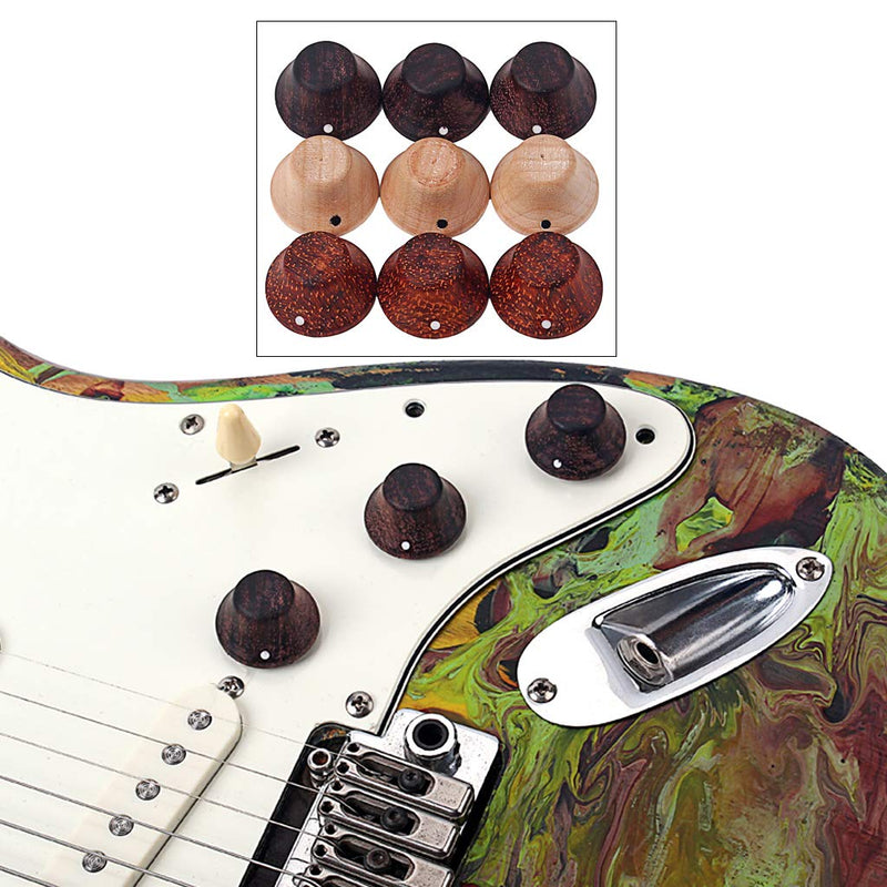 Alnicov Guitar Bass Top Hat Knobs,3-Pack Wood Knobs With Indicator Dot For Lp/Strat Style Guitar,Red Wood