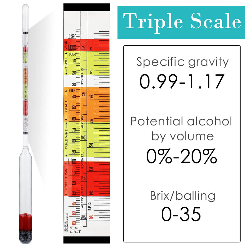 4 Pieces Scale Hydrometer and Test Jar Combo Include 2 Scale Hydrometer with Storage Bag and 250 ml Plastic Cylinder with Cleaning Brush for Wine Beer Mead