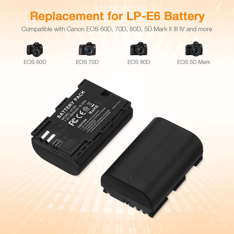 LP-E6, LP-E6N Battery (2-Pack) for Canon 60D, 70D, 80D, 5D Mark II, Mark III, Mark IV, 5DS, 5DS R, 6D, 7D, XC10, XC15 Cameras BG-E14, BG-E13, BG-E11, BG-E9, BG-E7, BG-E6 Grips