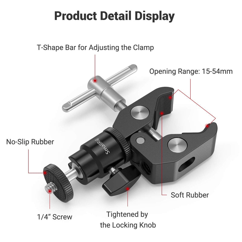 SmallRig Super Clamp Mount with Mini Ball Head Mount Hot Shoe Adapter with 1/4 Screw for LCD Field Monitor, LED Lights, Flash, Microphone, for Gopro, for DJI Action 2, for Insta360 - 1124