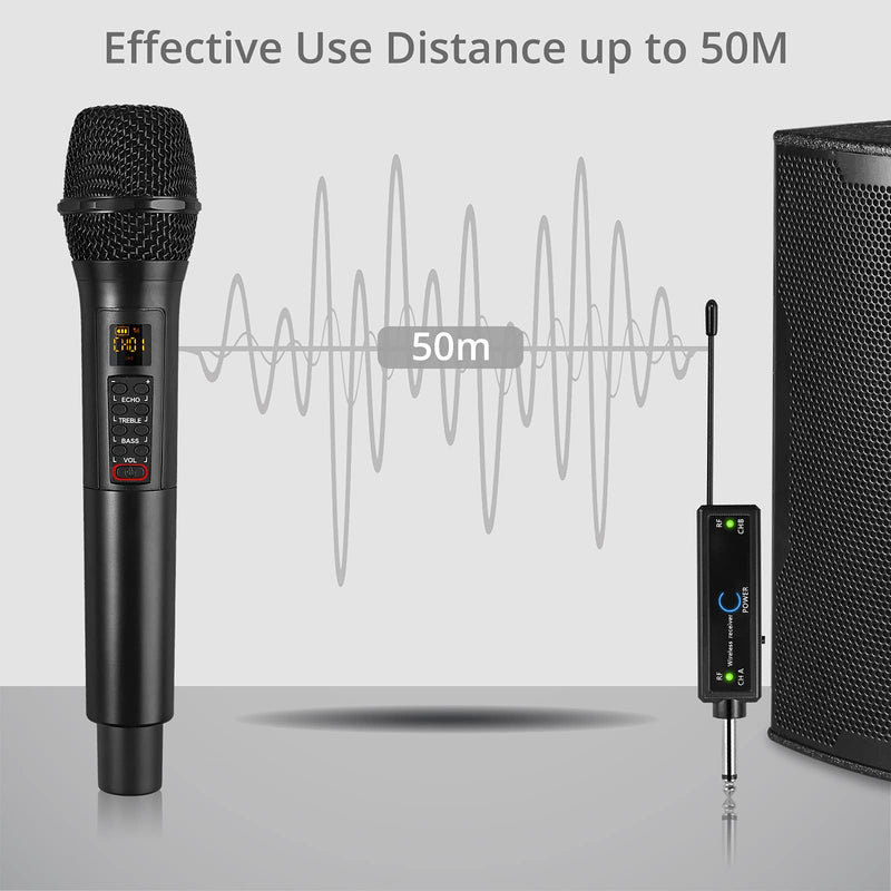PROZOR Wireless Microphones UHF with Volume Treble Bass Echo Control Cordless Dynamic Mic System with Rechargeable Receiver for Karaoke Machine Singing Wedding Church DJ Party Speech