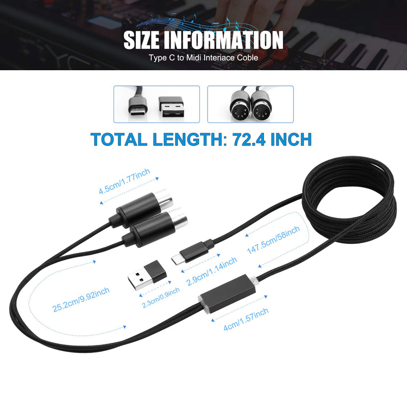 MIDI to USB/USB C Interface MIDI Cable Adapter with Input & Output Connecting with Keyboard/Piano/Synthesizer for Editing & Recording with Windows, Android, Mac OS, Android, Most Type-c Devices