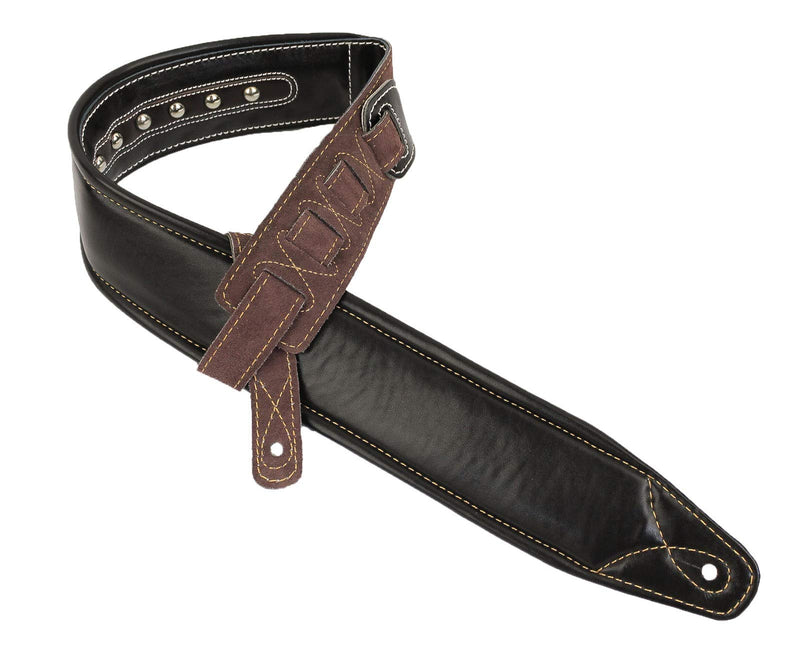 Walker & Williams C-35 CS Black and Brown Premium Top Grain Leather Padded Guitar Strap with Metal Studs