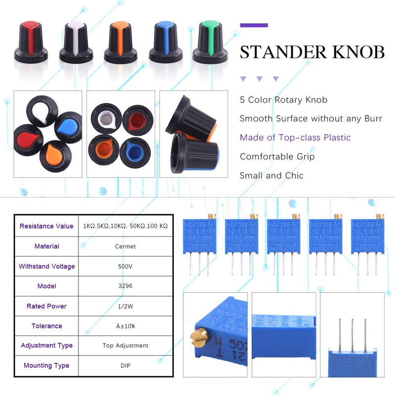 Swpeet 80Pcs 1K-500K Ohm Potentiometer Assortment Kit with 1Kohm -100Kohm Multiturn Trimmer, Knurled Shaft 3 Terminals Single Linear HighPrecision Variable Resistor with Nuts and Washers Plastic + Aluminum