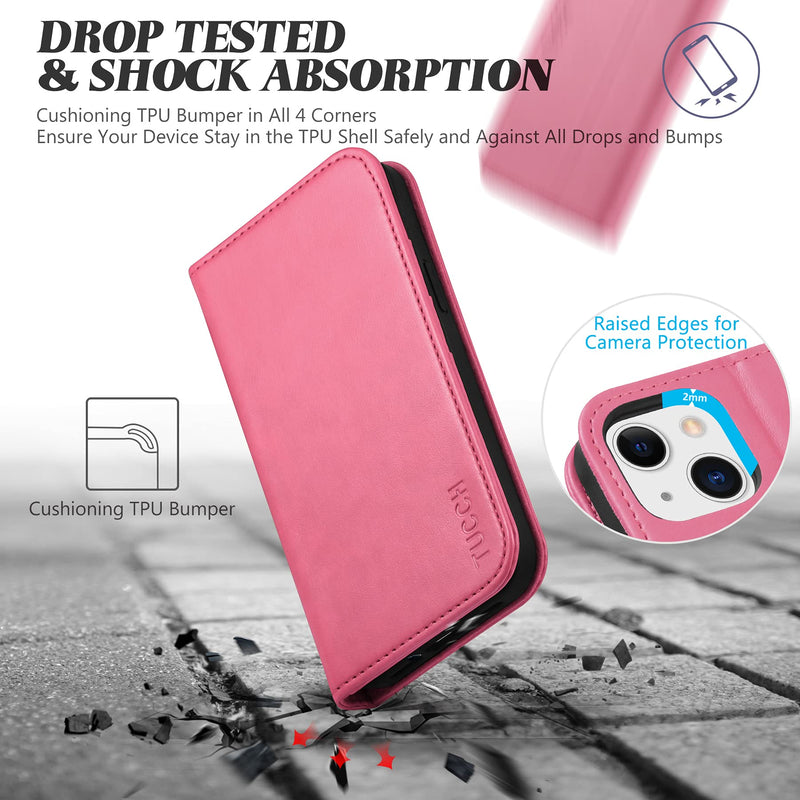 TUCCH Wallet Case for iPhone 13 5G, Credit Card Holder Money Slot Case Wallet, Kickstand PU Leather Folio Flip Cover [TPU Interior Protective Case] Compatible with iPhone 13 6.1", Hot Pink