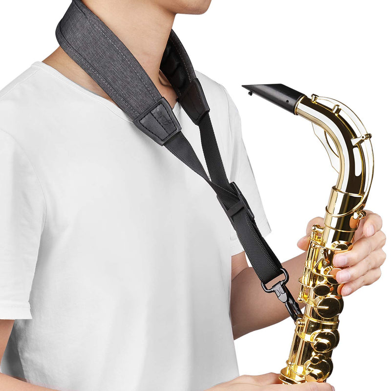 Flexzion Saxophone Neck Shoulder Strap Padded, Sax Holder w/Adjustable Harness Belt & Metal Hook, Musical Instrument Accessory, for Tenor Alto Soprano Sax/Clarinets Baritone Reeds & Horn, Grey Neck Strap