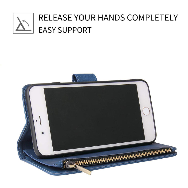 [AUSTRALIA] - UEEBAI Wallet Case for iPhone SE 2022 5G/iPhone 7/iPhone 8/iPhone SE 2020, Premium PU Leather Magnetic Handbag Zipper Pocket Card Slots with Wrist Strap Flip Case for iPhone SE3/SE2 - Blue 