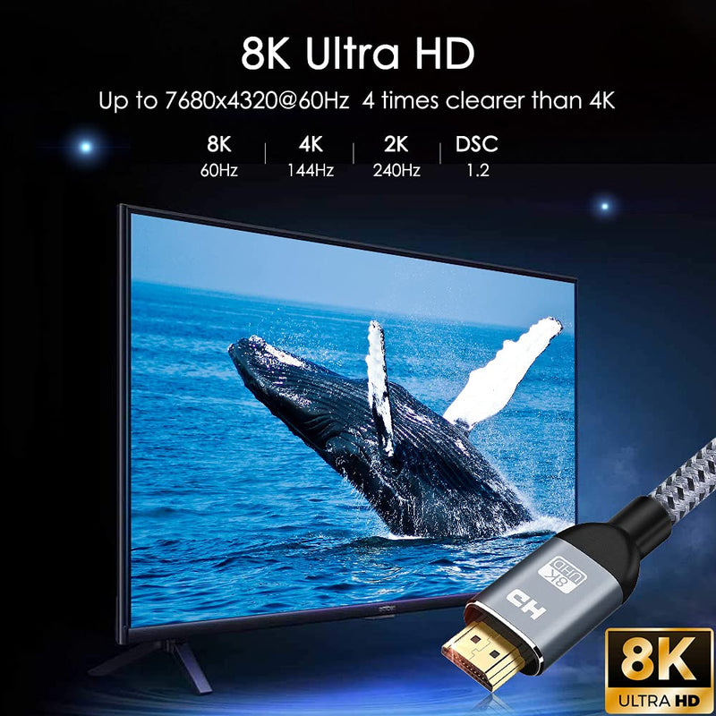 8K HDMI 2.1 Cable 10 feet, 48Gbps High Speed 4K@120Hz 8K@60Hz Braided HDMI Cord, Support eARC Dynamic HDR10 4:4:4 HDCP 2.2&2.3, Compatible with Dolby Atmos LG Samsung TV PS5 Switch Xbox Roku 10 ft