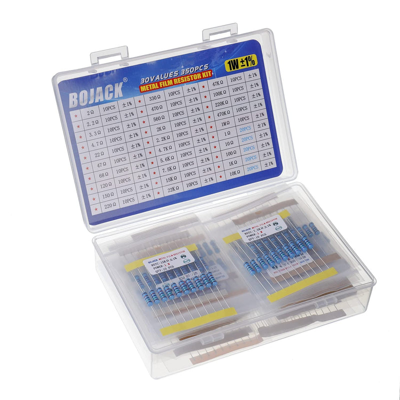 BOJACK 350 Pcs 30 Values Resistor Kit 1 Ohm - 1M Ohm with 1% 1W Metal Film Resistors Assortment 1 W