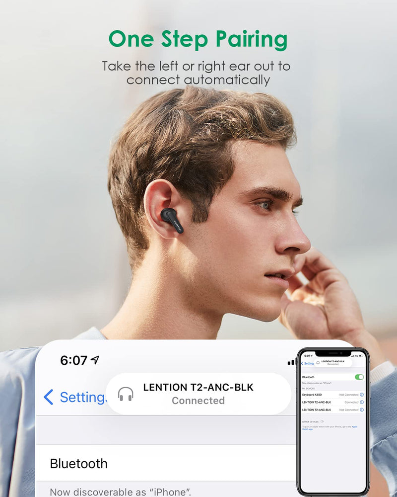 LENTION T2 Active Noise Canceling TWS True Wireless Earbuds, ENC Noise Reduction, Touch Control with Wireless Charging Case, IPX4 Waterproof, Bluetooth 5.1 Earphones, 20 Hours Playback (T2, Black)