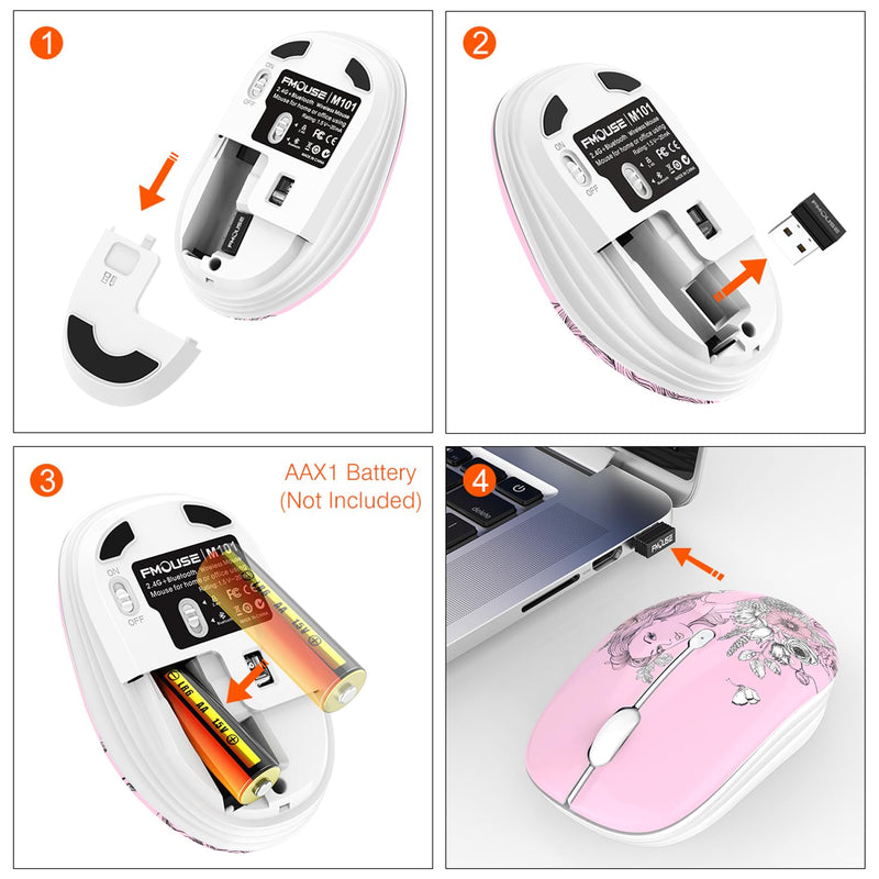 FMOUSE Cute Wireless Mouse, Mini Silent Dual Mode Bluetooth Mice for Laptop, iPad, Comupter, Tablet with USB Receiver(Flower Girl) Flower Girl