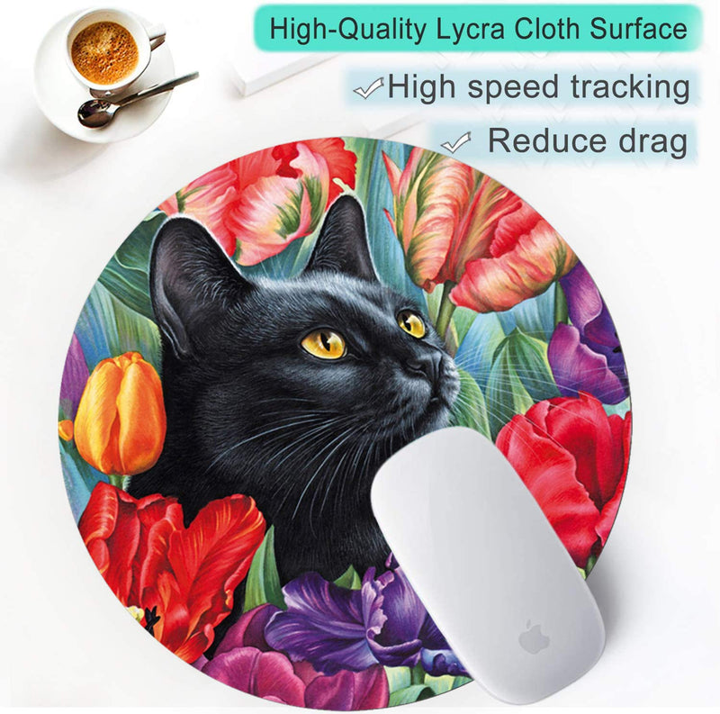 SuoLong[20% Larger] Black Cat Floral Watercolor Round Mouse Pad Cute Cat Lover Gift Desk Accessories Decor for Women Computer Mousepad School Supplies 8.7 x 8.7 Inches Cat in the flowers-M