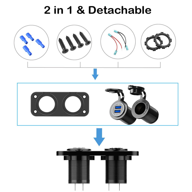 Quick Charge 3.0 Cigarette Lighter Outlet Splitter, 12V USB Charger Waterproof Power Socket Adapter DIY Kit with Blue LED Dual USB Ports for Rocker Switch Panel on Car Boat Marine RV, etc