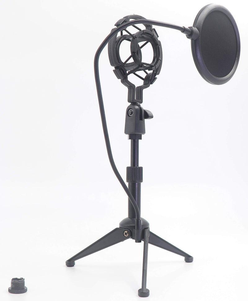 [AUSTRALIA] - Desktop Microphone Tripod Suspension Stand with Shock Mount Anti-Vibration Mic Holder and 4" Round Mask Shield Double-Net Wind Screen Pop Filter (Large, Black) Large 